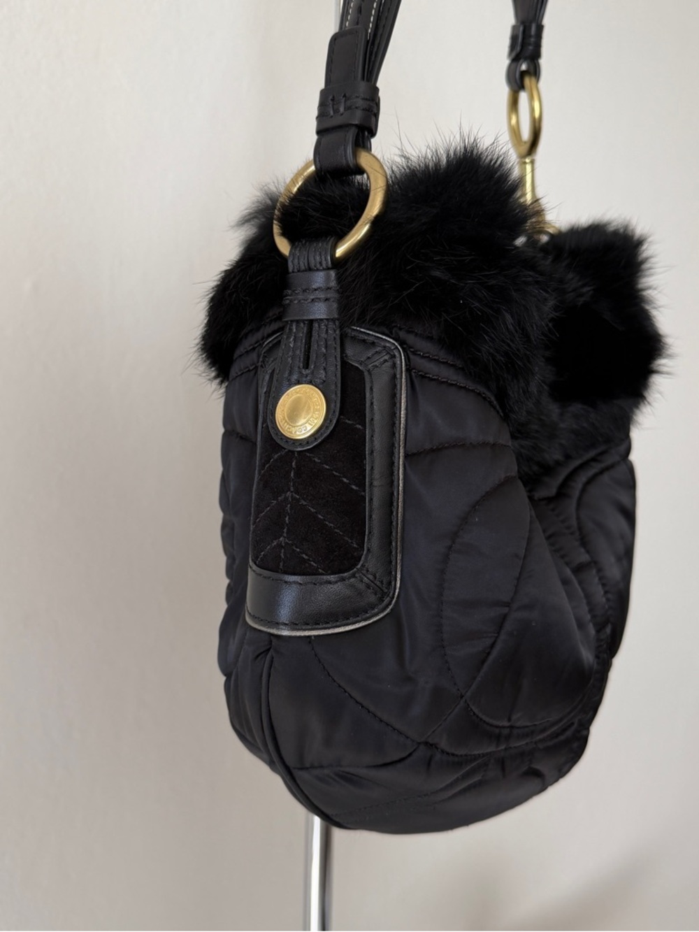 Vintage Coach Quilted Ski Hobo Black Rabbit Fur Handbag - Picture 4 of 14